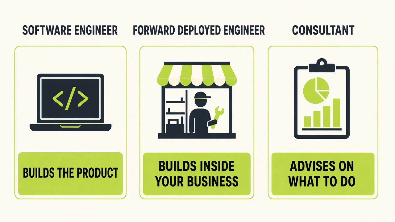 Three cards: a software engineer builds the product, a forward deployed engineer builds inside your business, a consultant advises on what to do